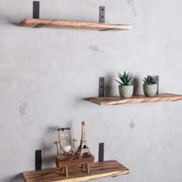 Set Of 3 - Rustic Handmade Wooden Floating Shelves Slim Mango Wood Shelves Torched Finish Length 16 Inch X 5Inch Depth 1Inch Thickness - thumbnail 2
