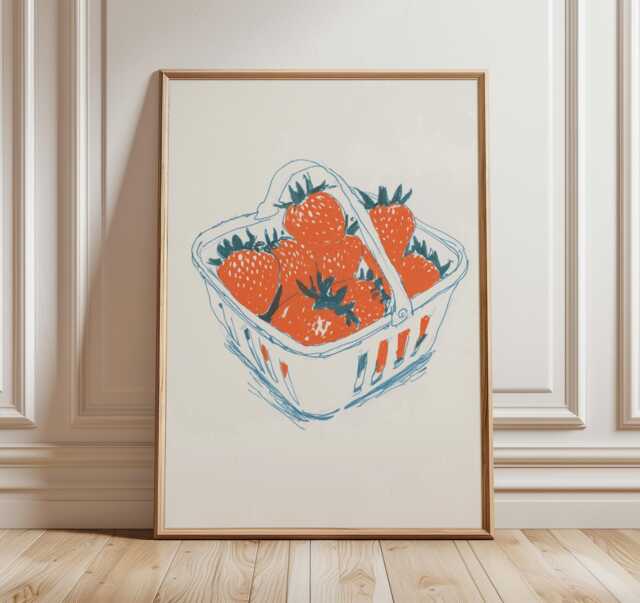 strawberry Art Print, Modern Kitchen Wall Art, Minimal Fruit Poster, Hand-Drawn Berry Illustration, Farmhouse Summer Home Decor - image 1