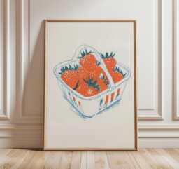 strawberry Art Print, Modern Kitchen Wall Art, Minimal Fruit Poster, Hand-Drawn Berry Illustration, Farmhouse Summer Home Decor - thumbnail 1