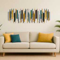 Wood Wall Art Sculpture - Modern Abstract Teal Mustard Grey Design - thumbnail 1