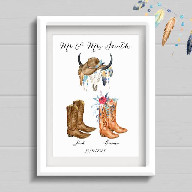 Personalised Wedding Gift. Cowboy Boots Print For Anniversary Present. Couples Wall Art Country Music Lovers. Housewarming Gift - image 1