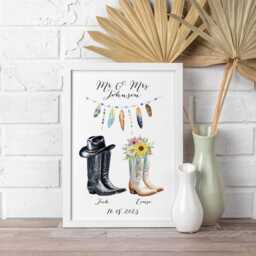 Personalised Wedding Gift. Cowboy Boots Print For Anniversary Present. Couples Wall Art Country Music Lovers. Housewarming Gift - thumbnail 3