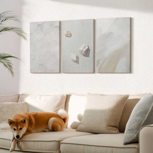 Canvas Set Of 3 Wall Art - Sand, Stones & Modern Paint Textures, Beige Art, Natural Textures Decor - image 1