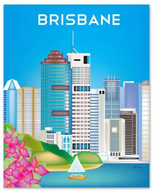 Brisbane Skyline Poster, Australia Print, Canvas Wrap, Australian Vertical Bougainvillea Flowers, E8-O-Bri - image 1