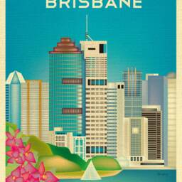 Brisbane Skyline Poster, Australia Print, Canvas Wrap, Australian Vertical Bougainvillea Flowers, E8-O-Bri - thumbnail 2