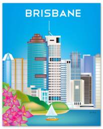 Brisbane Skyline Poster, Australia Print, Canvas Wrap, Australian Vertical Bougainvillea Flowers, E8-O-Bri - thumbnail 1