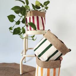 Burgundy Canvas Planter Cover, Hand Painted Striped Plant Pot, Cozy Home Decor, Indoor Fabric Basket, Lover Gift - thumbnail 4