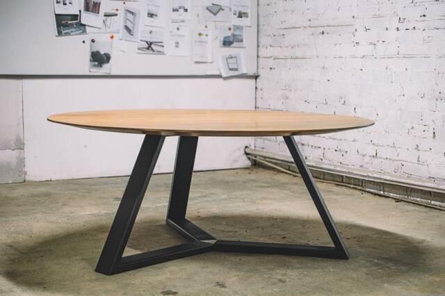 Round Oak Dining Table, Industrial Black Metal Base - 180cm - image 1