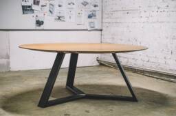 Round Oak Dining Table, Industrial Black Metal Base - 180cm