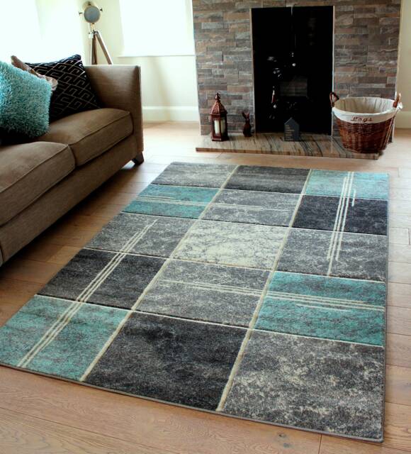New Duck Egg Blue Silver Grey Rugs Small Large Mats Modern Blocks Design UK