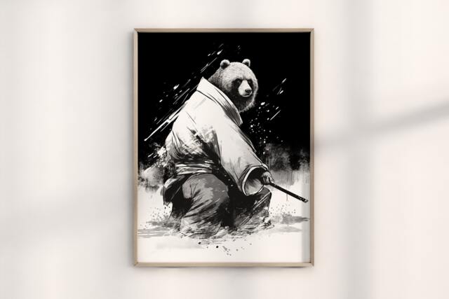 Matsumoto Hoji Samurai Bear Print, Traditional Japanese Art, Warrior Wall Art, Animal Illustration, Japan Woodblock Drawing - image 1