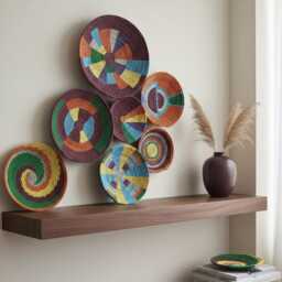Wicker Wall Plate Set Boho Farmhouse Decor, Colorful Woven Baskets - 7 Pieces