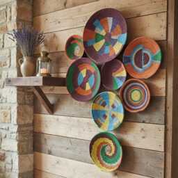 Wicker Wall Plate Set Boho Farmhouse Decor, Colorful Woven Baskets - 7 Pieces - thumbnail 3