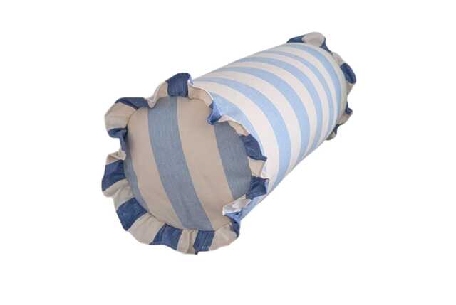Handmade Ruffled Bolster Cushion Ian Mankin Devon Stripe Bluebell Indigo - image 1