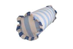 Handmade Ruffled Bolster Cushion Ian Mankin Devon Stripe Bluebell Indigo - thumbnail 1