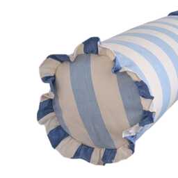 Handmade Ruffled Bolster Cushion Ian Mankin Devon Stripe Bluebell Indigo - thumbnail 2
