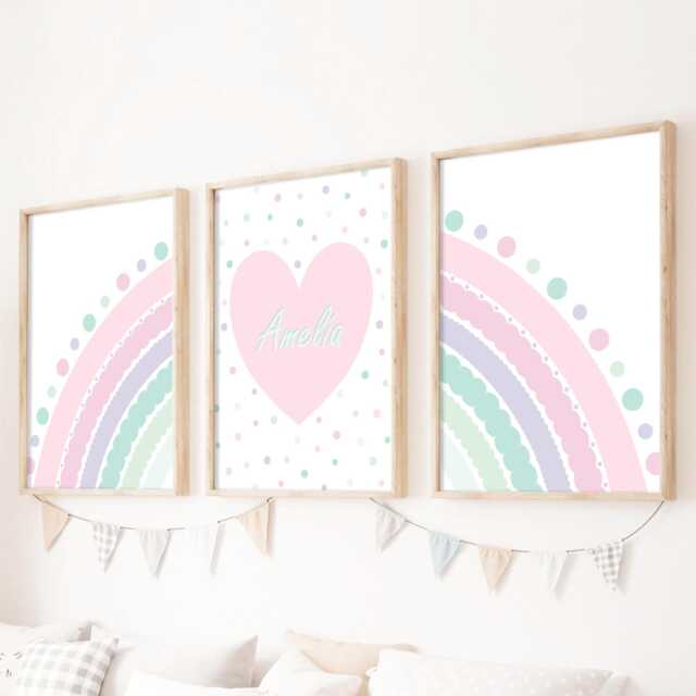 Pastel Rainbow Nursery Prints Set Of 3 Girl Name Wall Art - image 1