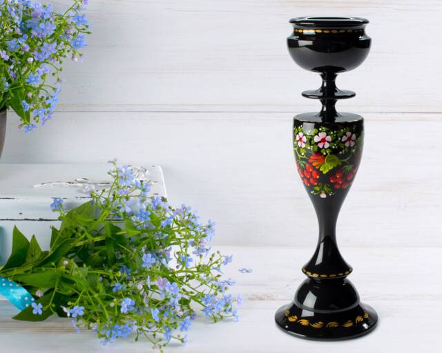 Ukrainian Tall Hand Painted Wooden Candle Holder, Black Candlestick Handmade Table Home Decor, Petrykivka Gift Ukraine Shop, S171 - image 1
