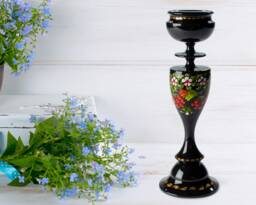 Ukrainian Tall Hand Painted Wooden Candle Holder, Black Candlestick Handmade Table Home Decor, Petrykivka Gift Ukraine Shop, S171 - thumbnail 1
