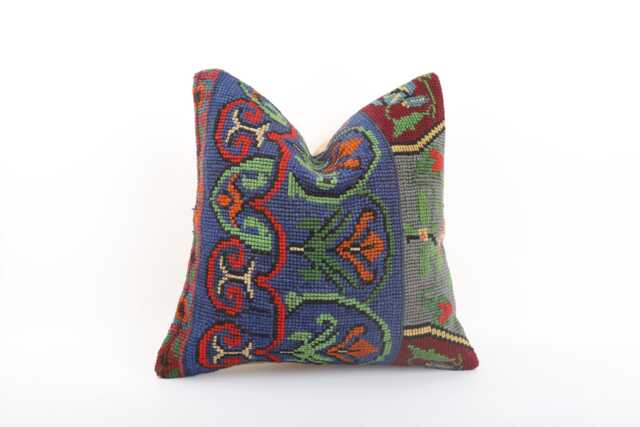 Vintage Turkish Kilim Pillow Cover Handwoven Wool Cushion - 16x16 - image 1