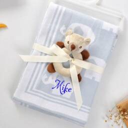 Personalized Knitted Blanket & Rattle Set 100% Cotton - Free Shipping- Custom Monogram/Name Embroidered Gift- Baby Shower/ Birth Present - thumbnail 2