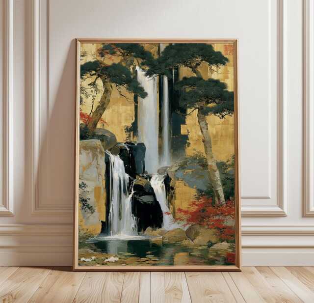 Japanese Waterfall Poster, Zen Landscape Print, Nature Wall Art - image 1