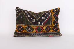 Handmade Turkish Kilim Pillow Cover Wool Lumbar Cushion - 16x24 - thumbnail 1