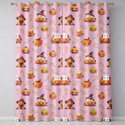 Cute Kawaii Halloween Pumpkin Candy Scarecrow Seamless Pattern Pink Background Readymade Eyelet Ring Top Thermal 100% Blackout Curtains - thumbnail 2