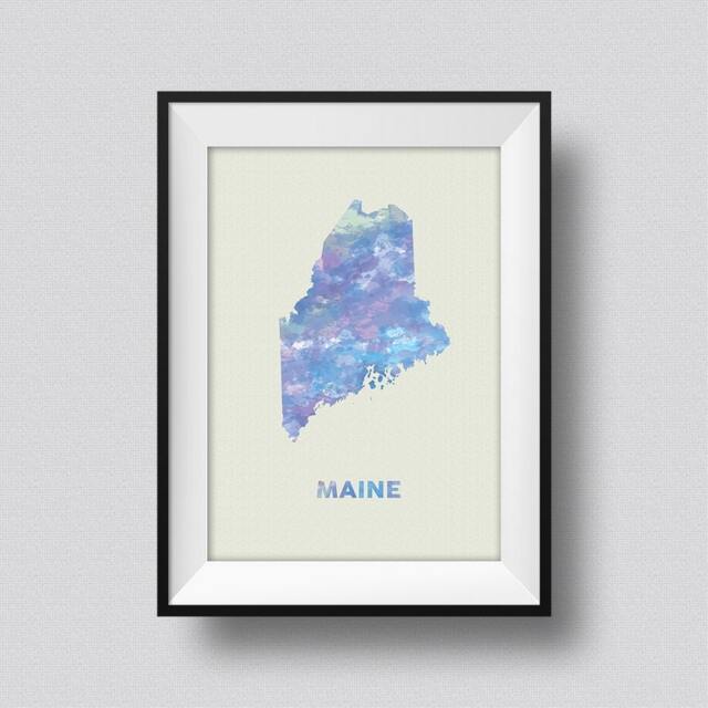 Maine Map Usa Watercolor Art Print Ink Splash Poster Canvas