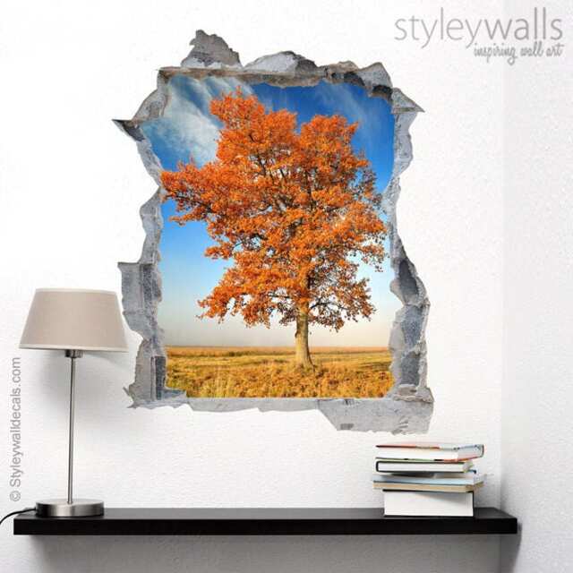 Tree Wall Decal Mural, Nature Autumn Hole in The 3D Effect Sticker, Decal, Broken Mural Home Decor - image 1