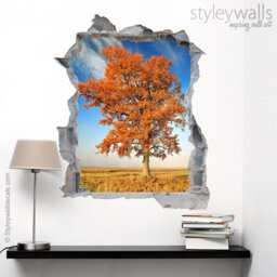 Tree Wall Decal Mural, Nature Autumn Hole in The 3D Effect Sticker, Decal, Broken Mural Home Decor - thumbnail 1