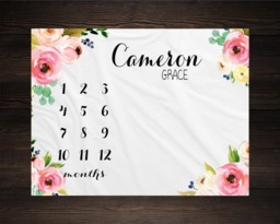 Personalized Milestone Blanket Month Growth Tracker Minky Fleece Custom Girl Baby Shower Gift Watercolor Floral Newborn - thumbnail 1