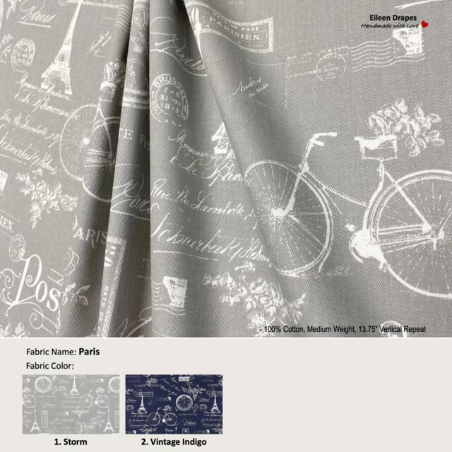 Paris 2 Colors French Eiffel Tower Stamp Crown Cotton Curtain, Valance Extra Width & Length, Pleated, Lined Drapery Offered As Upgrades - image 1