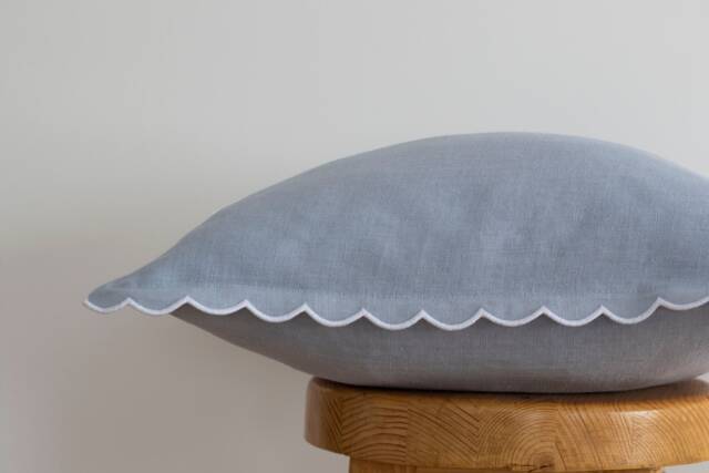 Pale Blue Linen Scalloped Edge Pillow Cover With White Detailing - 16x16'' Size - image 1