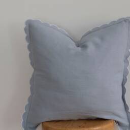 Pale Blue Linen Scalloped Edge Pillow Cover With White Detailing - 16x16'' Size - thumbnail 3