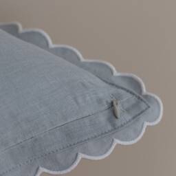 Pale Blue Linen Scalloped Edge Pillow Cover With White Detailing - 16x16'' Size - thumbnail 2