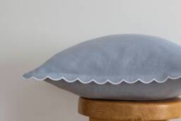 Pale Blue Linen Scalloped Edge Pillow Cover With White Detailing - 16x16'' Size - thumbnail 1