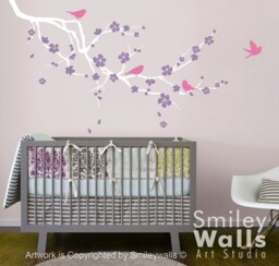 Cherry Blossom Branch & Birds Wall Decal, Sticker, Baby Nursery Room Decal Kids Decor - thumbnail 1