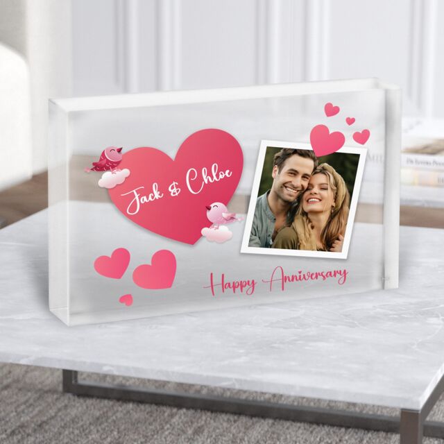Love Birds Photo Frame Anniversary Gift Personalised Clear Acrylic Block - Gift, Keepsake Custom - image 1