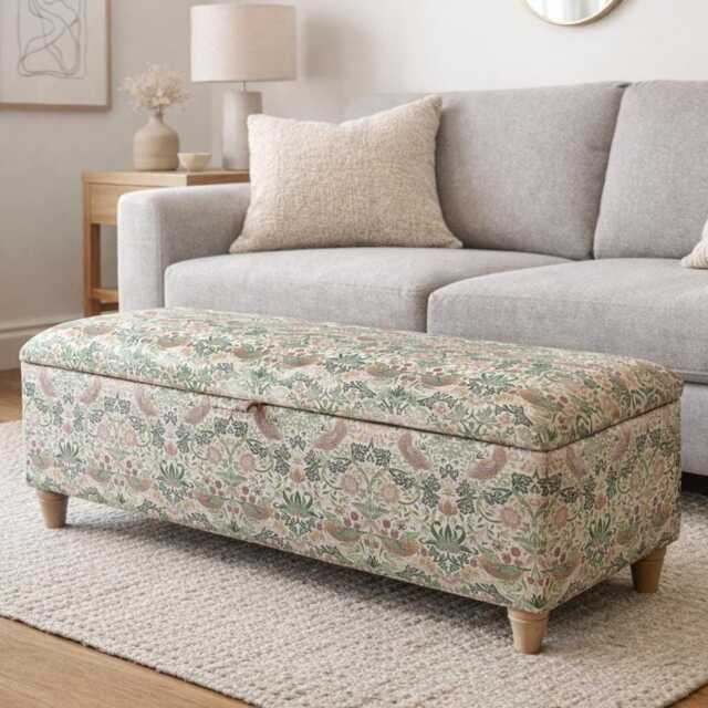 William Morris Storage Footstool, Strawberry Thief Ottoman Box With Wooden Legs - image 1