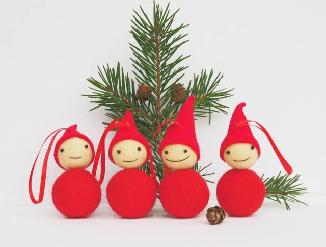 Felted Gnome Ornament Set Scandinavian Christmas Decoration. Red Elf Tree Ornament, Stocking Stuffer - image 1