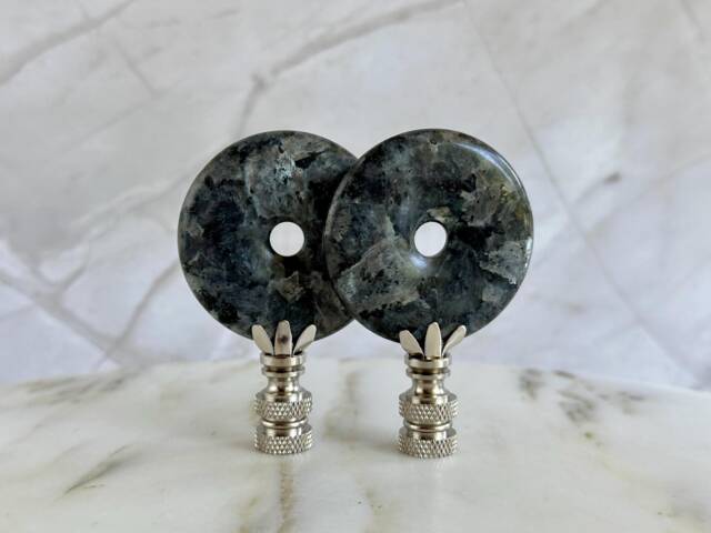 Larvikite Lamp Finials On Shiny Chrome Hardware - Black & Grey Tones A Single Finial Or Matching Pair - image 1