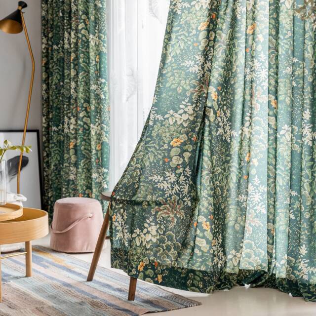 Deep Green Botanical Print Curtains Rustic Floral Living Room Decor - image 1
