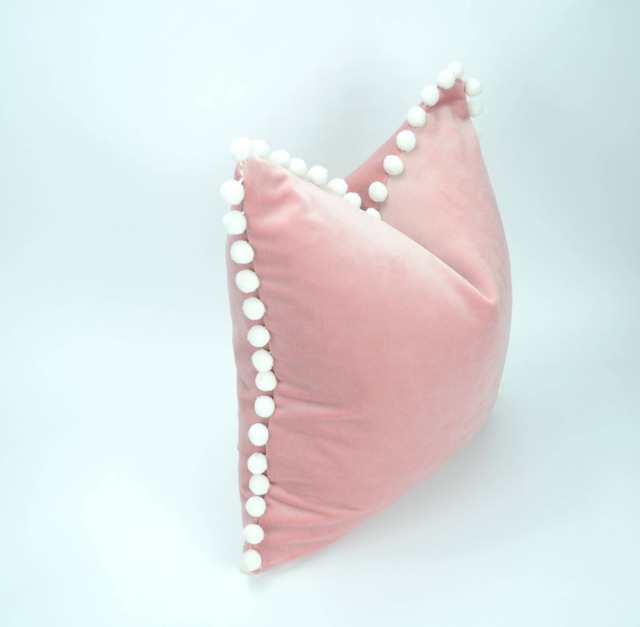 Blush Velvet Pillow With White Pom Poms - Luxe Cotton Home Decor - image 1