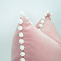 Blush Velvet Pillow With White Pom Poms - Luxe Cotton Home Decor - thumbnail 2