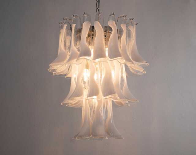 Pendant Chandelier ??60 cm Made in Italy White & Clear Murano Glass Saddles, Vintage Style Design - image 1