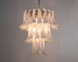 Pendant Chandelier ??60 cm Made in Italy White & Clear Murano Glass Saddles, Vintage Style Design - thumbnail 1