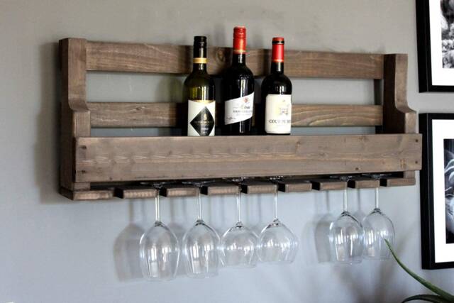 Wooden Wine Rack For The Wall - With Glass Holder Brown Ready Assembled Bottles & Glasses - image 1