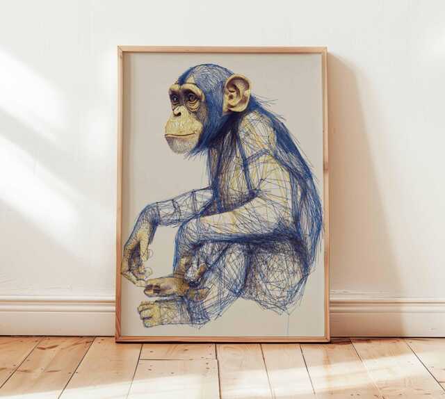 Chimpanzee Wall Art Print, Modern Animal Poster, Monkey Illustration, Wildlife Home Decor Gift For Nature Lovers - image 1