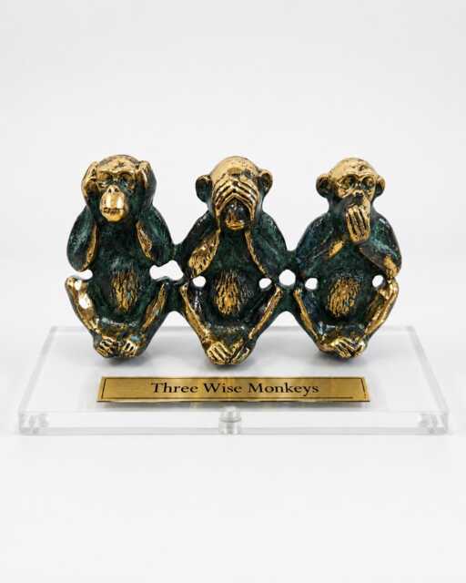 Personalized Brass Three Wise Monkeys Figurine, Engraved Desk Gift, Office Decor - image 1